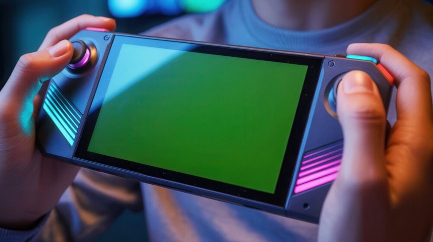 Close-up of a Steam Deck OLED screen reflecting purple and pink neon lights through a matte film
