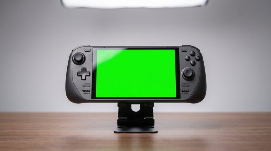 Joueur utilisant la manette intégrée du Steam Deck pour naviguer dans une bibliothèque de jeux