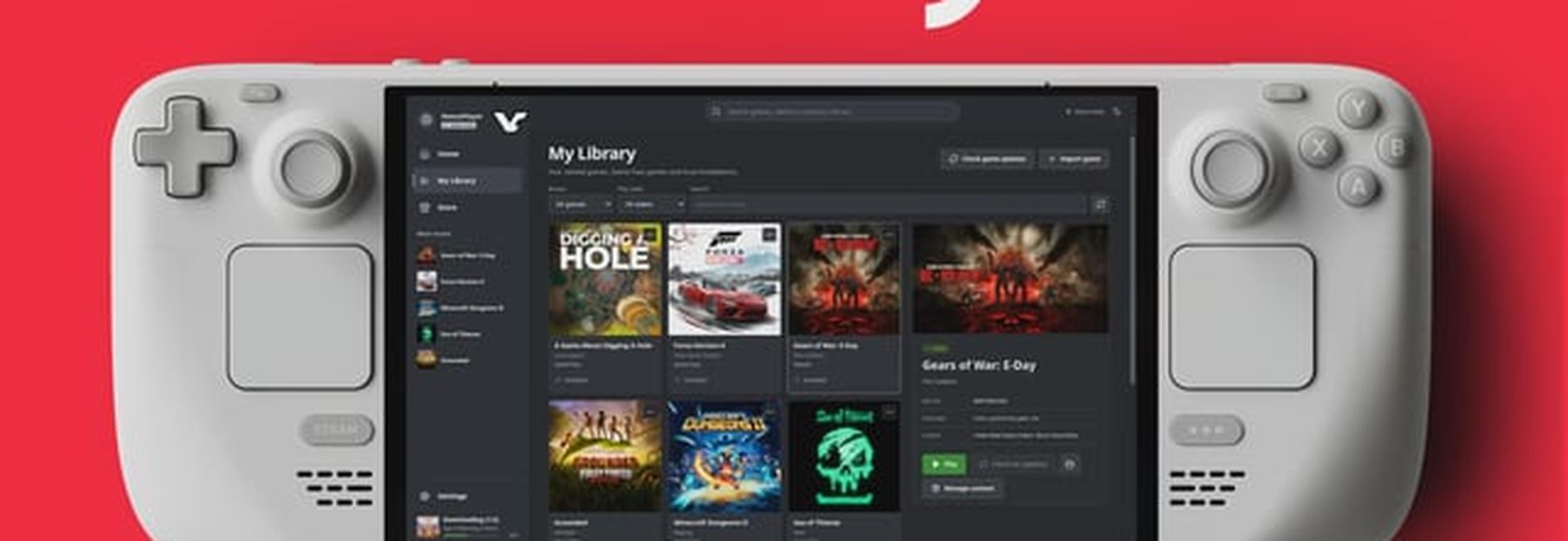 Interface du lanceur Xodus Nexus affichant la bibliothèque de jeux sur un écran de Steam Deck